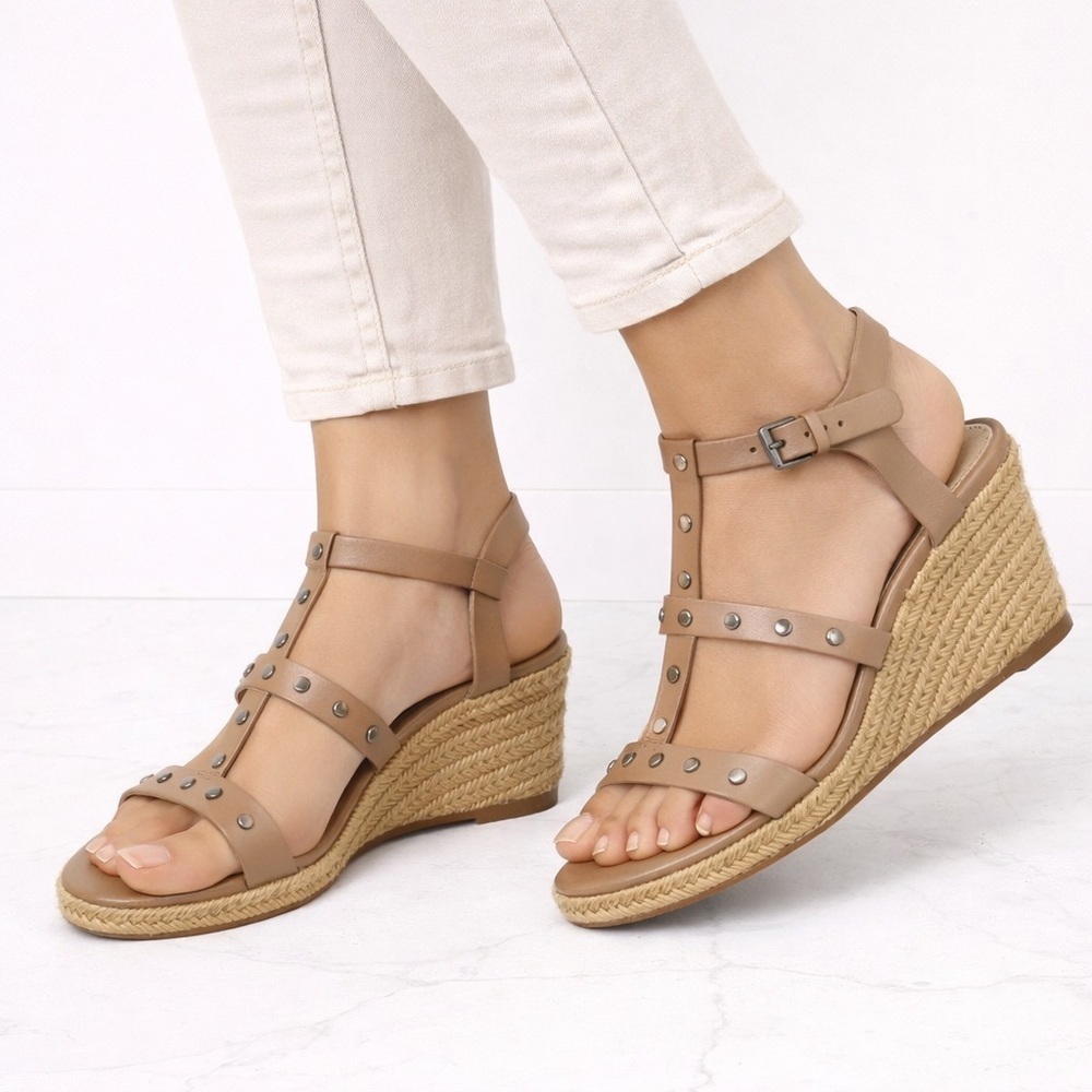 [Via Spiga] Tan Stud Leather Espadrille Wedges